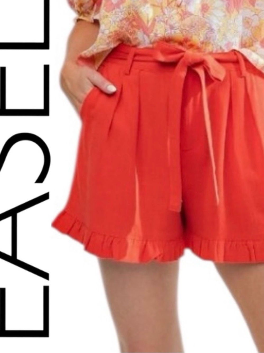 easel Coral Paperbag Tie Ruffle Shorts